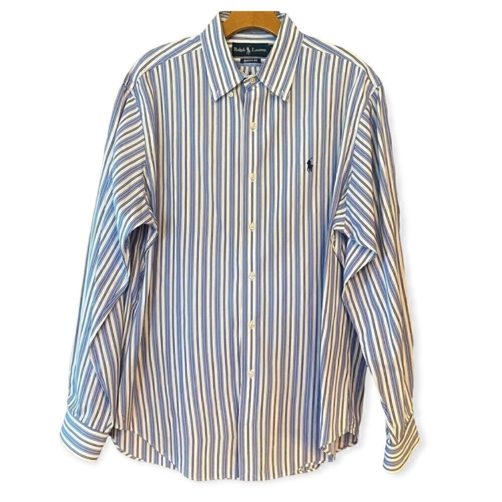 Ralph Lauren Men’s Sz L Classic Fit Blue Black Stripe Long Sleeve Shirt